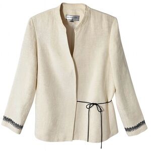 Travis Ayers Silk Linen Jacket Size 12 Tie Front Embroidered Blazer Workwear